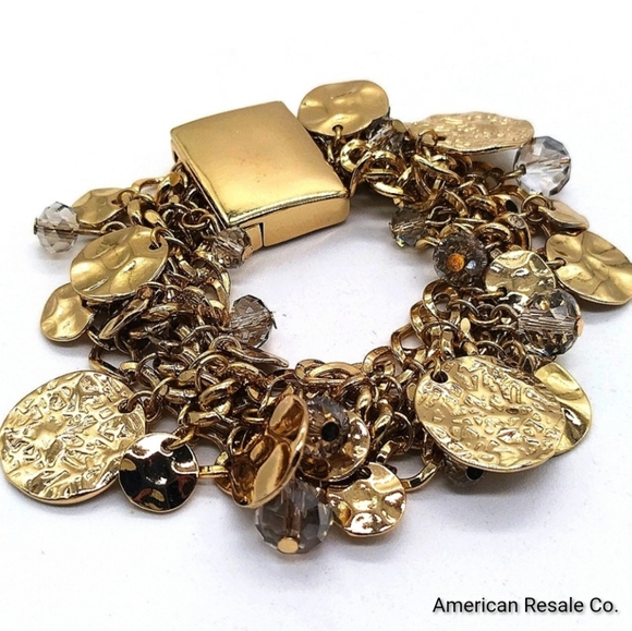 Kenneth Jay Lane Jewelry - Vintage KJL Gold Hammered Disc Charm Bracelet-Aurora Borealis-Kenneth Jay Lane